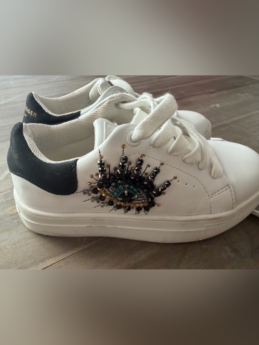 Kurt Geiger London Leather Mini Laney White Platform Sneaker with Beaded Eye